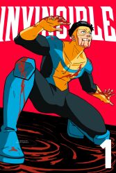 1boy b0nesjam black_hair blood blood_on_clothes blood_on_face blood_on_ground blue_boots blue_eyes boots fingerless_gloves gloves hands_up highres invincible_(series) lensless_mark open_mouth pool_of_blood red_background simple_background solo superhero_costume yellow_gloves yellow_mask