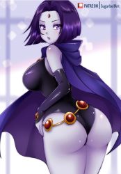 1girl arm_warmers artist_name ass belt black_leotard blurry blurry_background blush breasts cape commentary dc_comics forehead_jewel hood hood_down leotard lips looking_at_viewer looking_back medium_breasts pale_skin parted_bangs purple_eyes purple_hair raven_(dc) shiny_clothes shiny_skin short_hair signature simple_background sleeveless sugarbell teen_titans thighs