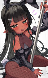 1girl 2025 animal_ear_hairband animal_ears artist_name bare_shoulders black_choker black_hair black_hairband black_leotard black_pantyhose black_shoes black_sleeves breasts choker collarbone commentary_request dark-skinned_female dark_skin dated detached_sleeves fake_animal_ears fake_tail fishnet_pantyhose fishnets green_eyes green_nails hairband highres leotard long_hair long_sleeves looking_at_viewer open_mouth original pantyhose playboy_bunny pointy_ears pole rabbit_ears rabbit_tail sharp_teeth shoes sitting solo strapless strapless_leotard stripper_pole tail teeth trente