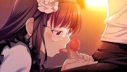 1boy 1girl alternate_costume black_hairband black_pants black_ribbon blush brown_hair censored clothed_sex collar enmaided erection eyebrows_hidden_by_hair faceless faceless_male fellatio fingernails flower frilled_collar frills from_side fumio_(ura_fmo) furrowed_brow game_cg glasses grisaia_(series) grisaia_no_meikyuu hair_flower hair_ornament hair_ribbon hairband half-closed_eyes handjob hetero kazami_yuuji kneeing licking licking_penis long_eyelashes long_fingernails long_hair long_sidelocks looking_at_penis maid mosaic_censoring narrowed_eyes non-web_source official_art open_fly oral pants penis penis_out portrait profile purple_eyes red_eyes ribbon rimless_eyewear round_eyewear saliva saliva_trail shirt sidelocks sitting sunset tachibana_chizuru_(grisaia) thick_eyelashes tongue tongue_out white_flower white_shirt