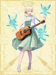 Rule 34 | 1girl, :d, acoustic guitar, blonde hair, cardigan, chain paradox, dress, dress shirt, fairy, full body, green dress, green eyes, guitar, hair between eyes, hair bun, holding, holding instrument, instrument, long sleeves, looking at another, looking to the side, medium dress, mini person, minigirl, open cardigan, open clothes, open mouth, patterned clothing, pinafore dress, print dress, sandals, scallgo, shirt, sidelocks, single hair bun, size difference, sleeveless, sleeveless dress, sleeveless shirt, smile, solo focus, standing, white cardigan, white sandals, white shirt, yellow background
