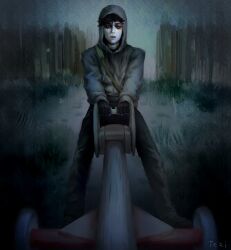 1boy absurdres bag bags_under_eyes black_gloves black_hair cry_of_fear fence fingerless_gloves full_body gloves grass grey_hoodie highres hood hood_up hoodie leaning_back male_focus on_seesaw outstretched_legs pale_skin picket_fence seesaw short_hair shoulder_bag simon_henriksson solo tixizi viewer_self-insert wooden_fence