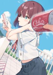 1boy 1girl :d blue_sky blush brown_hair can cellphone cloud coca-cola commentary_request day from_side green_eyes hair_between_eyes highres holding holding_can holding_phone midriff_peek navel nirareba open_mouth original outdoors parted_lips phone pleated_skirt railing sailor_collar school_uniform serafuku shirt short_sleeves skirt sky smile solo_focus upper_body v-shaped_eyebrows white_sailor_collar white_shirt