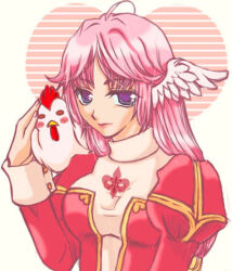 1girl animal animal_on_shoulder bird bird_on_shoulder breasts chicken closed_mouth commentary_request dress expressionless feathered_wings hato_aria head_wings heart high_priest_(ragnarok_online) juliet_sleeves long_hair long_sleeves looking_at_viewer lowres medium_breasts pink_hair puffy_sleeves purple_eyes ragnarok_online red_dress solo two-tone_dress upper_body white_background white_dress white_wings wings