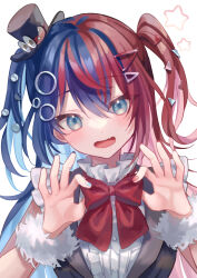 1girl :d black_hat black_vest blue_eyes blue_hair blue_nails blush bow bowtie commentary_request fur_wrist_cuffs hair_ornament hairclip hat highres kirby_(series) long_hair looking_at_viewer marx_(kirby) multicolored_hair nail_polish nintendo open_mouth personification red_bow red_bowtie red_hair red_nails shirt simple_background sleeveless sleeveless_shirt smile solo star_(symbol) suzaku_(zaku6584) top_hat twintails two-tone_hair tying_bowtie upper_body vest white_background white_shirt wrist_cuffs