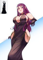 1girl absurdres alternate_costume black_choker black_dress black_gloves breasts chain choker cleavage deliciousbrain dress elbow_gloves female_focus fire_emblem gloves gold_chain highres hip_vent inset ivy_(fire_emblem) large_breasts lipstick long_hair makeup mannequin matching_hair/eyes meme_attire modakawa_dress mole mole_under_mouth nintendo purple_eyes purple_hair revealing_clothes sideboob smile solo twitter_username