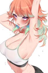 1girl absurdres armpits arms_up black_pants blush breasts green_hair highres hololive hololive_english large_breasts long_hair midriff multicolored_hair oioi_ainomo open_mouth orange_hair pants purple_eyes simple_background solo sports_bra stomach sweat takanashi_kiara tongue tongue_out two-tone_hair virtual_youtuber wavy_hair white_background white_sports_bra