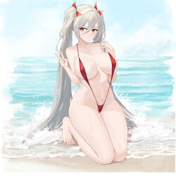 1girl absurdres azur_lane beach blonde_hair blush bow breasts day full_body groin hair_between_eyes hair_bow half-closed_eyes hand_up hands_up highres hip_focus kneeling l&#039;audacieux_(azur_lane) large_breasts long_hair looking_at_viewer navel ocean outdoors pulling_own_clothes red_bow red_eyes red_slingshot_swimsuit slingshot_swimsuit smile solo string_pull suo_bu_ye_feng swimsuit teasing thighs tiptoes twintails v very_long_hair wet wet_hair