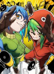 2girls absurdres aqua_eyes aqua_hair breasts brown_footwear brown_gloves cityscape crazy_eyes facial_mark from_above gloves green_hair green_hoodie green_pants green_pupils gumi hatsune_miku highres hood hood_down hoodie long_hair matryoshka_(vocaloid) medium_breasts megaphone multiple_girls pants red_eyes red_hoodie red_pants short_hair sidelocks smile smiley_face sparkle standing teeth twintails urapan_2525 vocaloid yellow_background yellow_pupils zipper