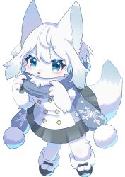 1girl :3 absurdres animal_ears arctic_fox beru_(kuro_kemo28) blue_eyes blush boots fluffy fox_ears fox_girl fox_tail fur-trimmed_boots fur_trim furry furry_female highres looking_at_viewer original pom_pom_(clothes) scarf short_hair simple_background skirt solo standing tail white_background white_fur white_hair white_theme