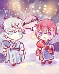 +_+ 2boys aerial_fireworks alternate_costume bag black_sandals blue_eyes blue_kimono blush_stickers bottle brown_sandals chibi closed_mouth commentary_request confeitoo crossdressing english_text fireworks grey_hair hair_between_eyes hand_fan happy highres holding holding_bag holding_bottle holding_fan idolish7 japanese_clothes kimono kujou_tenn long_sleeves looking_at_another loose_hair_strand male_focus messy_hair multiple_boys nanase_riku night obi okobo open_mouth outdoors platform_sandals purple_eyes purple_kimono red_bag red_hair red_kimono red_sash sandals sash short_hair smile socks sparkling_eyes speech_bubble standing striped_clothes striped_kimono tuanshan two-tone_kimono vertical-striped_clothes vertical-striped_kimono water_bottle white_socks wide_sleeves yukata
