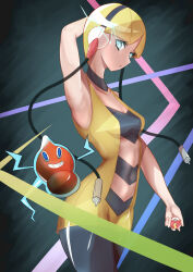 Rule 34 | 1girl, absurdres, arm at side, arm behind head, bare arms, black choker, black pantyhose, blonde hair, blue eyes, blunt bangs, breasts, choker, cleavage, collarbone, commentary request, dress, elesa (pokemon), fast ball, gen 4 pokemon, headphones, highres, holding, holding poke ball, kana (wucz8478), low neckline, medium breasts, midriff, nintendo, pantyhose, poke ball, pokemon, pokemon (creature), pokemon bw, rotom, rotom (normal), short dress, short hair, sleeveless, sleeveless dress, yellow dress