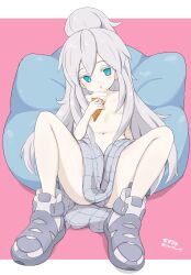 1girl :d absurdres alternate_hairstyle artist_name blue_eyes blush boots breasts colored_eyelashes convenient_censoring deux_murasame grey_hair gundam gundam_gquuuuuux hair_ornament hairclip highres holding holding_ice_cream_cone ice_cream_cone licking long_hair navel open_mouth pale_skin pillow pink_background purple_pupils scarf seseragi_(star4rats) sidelocks sitting small_breasts smile solo spread_legs thighs topless_female twitter_username updo very_long_hair white_boots