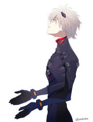 1boy absurdres arms_up commentary_request cowboy_shot crying crying_with_eyes_open from_side highres interface_headset_(evangelion) looking_up male_focus mecha_pilot_suit mushi_kei nagisa_kaworu neon_genesis_evangelion parted_lips plugsuit_(evangelion) profile red_eyes short_hair simple_background solo tears twitter_username white_background white_hair