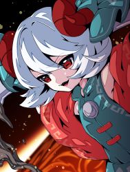 1girl blue_bow blue_dress bow detached_sleeves dress hair_between_eyes highres horizontal_pupils horn_bow horn_ornament horns oil open_mouth red_eyes red_horns red_sleeves sharp_teeth sheep_horns short_hair solo teeth touhou toutetsu_yuuma white_hair yuka_yukiusa