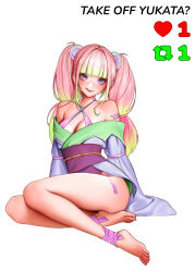 1girl absurdres breasts cleavage closed_mouth fif_228 full_body highres japanese_clothes kimono large_breasts licking_lips obi pink_hair purple_eyes purple_kimono sash second-party_source simple_background solo stronny_cuttles toes tongue tongue_out twintails twitter_strip_game vallure virtual_youtuber white_background yukata