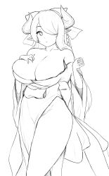 Rule 34 | 1girl, absurdres, aspid r, bow, breasts, cosplay, granblue fantasy, highres, huge breasts, lineart, looking at viewer, monochrome, narmaya (granblue fantasy), no panties, senran kagura, solo, solo focus, thick thighs, thighs, yumi (senran kagura)