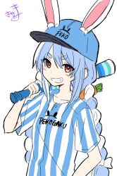 1girl alternate_costume animal_ear_fluff animal_ears baseball_bat baseball_cap baseball_uniform blue_hair blush bow braid carrot_hair_ornament commentary_request ears_through_headwear food-themed_hair_ornament grin hair_between_eyes hair_bow hair_ornament hat highres holding holding_baseball_bat hololive kiritoma looking_at_viewer multicolored_hair rabbit-shaped_pupils rabbit_ears red_eyes shirt short_eyebrows short_sleeves signature simple_background smile solo sportswear striped_clothes striped_shirt symbol-shaped_pupils thick_eyebrows twin_braids twintails two-tone_hair upper_body usada_pekora v-shaped_eyebrows vertical-striped_clothes vertical-striped_shirt virtual_youtuber white_background white_bow white_hair