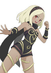 1girl :d bare_shoulders black_scarf blonde_hair closed_mouth dark-skinned_female dark_skin dress gravity_daze hairband highres kitten_(gravity_daze) long_hair looking_at_viewer open_mouth red_eyes scarf simple_background sktkhr smile solo strapless vambraces white_background