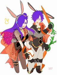 1boy 1girl :d alternate_costume animal_ear_hairband animal_ears arm_up black_choker black_gloves black_leotard black_vest bow bracelet breasts brown_pantyhose carrot choker cleavage closed_eyes coattails collarbone cropped_legs earrings easter easter_egg egg fake_animal_ears female_shez_(fire_emblem) fire_emblem fire_emblem:_three_houses fire_emblem_heroes fire_emblem_warriors:_three_hopes flower gloves grey_pants grey_shirt hair_bun hair_flower hair_ornament hair_over_one_eye hairband highres holding holding_egg holding_weapon jewelry leotard long_hair looking_at_viewer male_shez_(fire_emblem) medium_breasts nintendo no_nose one_eye_covered one_side_up open_mouth orange_bow pants pantyhose polka_dot polka_dot_skirt polka_dot_sleeves puffy_short_sleeves puffy_sleeves purple_hair rabbit_ears rabbit_tail see-through_clothes see-through_skirt see-through_sleeves shirt short_hair short_sleeves single_hair_bun skirt smile tail thigh_bow thighlet very_long_hair vest weapon