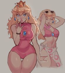 1girl bikini blonde_hair blue_eyes breasts closed_eyes crown earrings highres jewelry large_breasts lips long_hair mario_(series) nintendo one-piece_swimsuit princess_peach skirt sunglasses_on_head super_mario_odyssey swimsuit wide_hips widisu