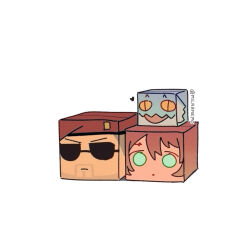 Rule 34 | 1boy, 1girl, animal, beret, brown hair, buzz cut, closed mouth, commentary, courier (fallout: new vegas), craig boone, cube, cubism, english commentary, fallout, fallout: new vegas, gecko, green eyes, hair between eyes, hat, heart, jalapeno (milramemo), milramemo, noelle rutherford, open mouth, red hat, short hair, simple background, slit pupils, sunglasses, twitter username, very short hair, white background, yellow eyes