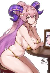 1girl alternate_costume artist_name belly bikini breasts chibi cleavage closed_mouth commentary desk english_commentary fire_emblem fire_emblem_heroes gold_bikini highres horns large_breasts long_hair looking_at_viewer nerthuz_(fire_emblem) nintendo pink_hair rotomdocs sideboob signature sitting skindentation smile solo swimsuit