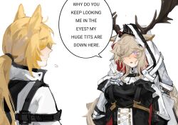 animal_ears antlers antlers_through_headwear arknights armor blonde_hair cape coat deer_antlers deer_ears deer_girl horns horse_ears horse_girl implied_extra_ears jacket kotcate motion_lines nearl_(arknights) nearl_the_radiant_knight_(arknights) purple_eyes speech_bubble speed_lines viviana_(arknights) white_background white_cape white_coat