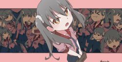 angry bag blue_skirt blush clone crossed_arms dizzy kuroiwa_brs monogatari_(series) multiple_girls naoetsu_high_school_uniform oikura_sodachi owarimonogatari ribbon school_bag school_uniform silver_hair skirt tongue tongue_out twintails yellow_eyes