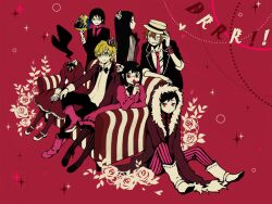 Rule 34 | 3girls, 4boys, bandages, black bow, black bowtie, black hair, blonde hair, boots, bow, bowtie, bracelet, brown hair, celty sturluson, cigarette, coat, couch, crown, dress, dullahan, durarara!!, floral print, flower, flower on head, formal clothes, fur-trimmed coat, fur trim, glasses, haru (united-kingdom), hat, headless, heart, heiwajima shizuo, helmet, holding, holding cigarette, holding helmet, jewelry, kishitani shinra, long hair, looking at viewer, mini crown, multiple boys, multiple girls, on floor, one eye closed, orihara izaya, pants, pink background, pink dress, pink theme, rokujou chikage, rose, short hair, sitting, sonohara anri, standing, striped clothes, striped pants, white flower, white rose, yagiri namie