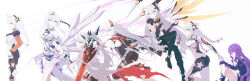 6+girls absurdres ahoge armor armored_dress asymmetrical_gloves black_footwear black_gloves blue_eyes bodysuit boots breasts cape claymore_(sword) cleavage cleavage_cutout closed_mouth clothing_cutout dress elbow_gloves gauntlets gloves hair_ornament hand_in_pocket highres holding holding_sword holding_weapon honkai_(series) honkai_impact_3rd infinity_(kkx132) jacket kiana_kaslana kiana_kaslana_(herrscher_of_finality) kiana_kaslana_(herrscher_of_flamescion) kiana_kaslana_(herrscher_of_the_void) kiana_kaslana_(void_drifter) kiana_kaslana_(white_comet) long_hair long_sleeves medium_breasts mismatched_gloves multiple_girls multiple_persona ponytail purple_dress purple_gloves purple_hair simple_background sirin sword thigh_boots torn_cape torn_clothes very_long_hair weapon white_background white_bodysuit white_cape white_dress white_gloves white_hair white_jacket yellow_eyes