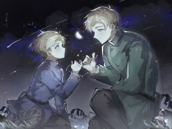 2boys age_progression astrolabe black_jacket blonde_hair blue_eyes blue_jacket chi.:_chikyuu_no_undou_ni_tsuite child constellation feet_out_of_frame half_moon highres jacket kneeling light_blush long_sleeves looking_at_another male_focus moon multiple_boys night night_sky on_one_knee parted_bangs pinky_swear rafal_(chi.) shirt shooting_star short_hair sky swept_bangs toramledak white_shirt
