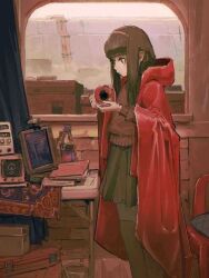 1girl black_hair black_skirt blunt_bangs border building cardigan chair check_commentary cloak commentary_request dam holding hood hooded_cloak indoors long_hair long_sleeves notfuji orb original red-framed_eyewear red_cardigan sidelocks skirt solo table tablet_pc