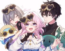 Rule 34 | 1boy, 2girls, :d, archery shooting glove, black gloves, closed eyes, dan heng (honkai: star rail), dan heng (hunt) (honkai: star rail), eyewear on head, facing another, flying sweatdrops, gloves, grey hair, hair between eyes, honkai: star rail, honkai (series), long sleeves, looking up, march 7th (honkai: star rail), march 7th (preservation) (honkai: star rail), multicolored eyes, multiple girls, open mouth, partially fingerless gloves, pink hair, shirase (shirose), shirt, simple background, single glove, smile, stelle (honkai: star rail), sweat, trailblazer (honkai: star rail), upper body, white background, white shirt