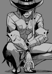 1boy absurdly_long_hair absurdres boothill_(honkai:_star_rail) commentary_request covered_eyes cowboy_hat cropped_jacket cyborg gauntlets grey_background greyscale hair_over_one_eye hat highres honkai:_star_rail honkai_(series) jacket long_hair looking_at_viewer lower_teeth_only male_focus midriff monochrome mrsw0911 open_collar open_mouth pants sharp_teeth sheriff_badge simple_background solo squatting teeth very_long_hair