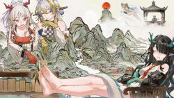 4girls :d absurdres arknights barefoot black_hair blonde_hair blue_eyes blue_skin branch chair closed_eyes colored_skin crossed_ankles dragon_horns dragon_tail dress dusk_(arknights) feet feet_on_chair grey_hair grin hair_ornament hair_stick highres holding holding_branch horns jacket ling_(arknights) multicolored_hair multiple_girls nian_(arknights) open_clothes open_jacket open_mouth pointy_ears red_skin renxzd shu_(arknights) sleeping smile streaked_hair tail yellow_skin