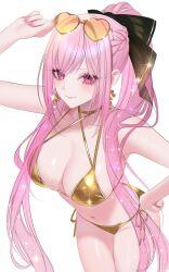 1girl 707arisu alternate_costume bikini breasts cleavage closed_mouth commentary earrings eyewear_on_head gold_bikini hand_on_own_hip heart heart-shaped_eyewear heart_in_eye highres hololive hololive_english jewelry large_breasts leaning_forward long_hair looking_at_viewer mori_calliope navel pink_hair red_eyes side-tie_bikini_bottom simple_background smile solo stomach swimsuit symbol_in_eye tinted_eyewear very_long_hair virtual_youtuber white_background yellow-framed_eyewear yellow-tinted_eyewear