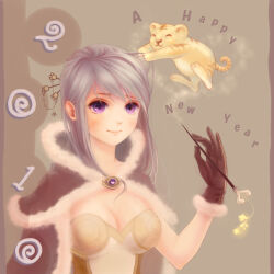 1girl 2010 blush breasts brown_cape brown_gloves cape chinese_zodiac cleavage closed_mouth commentary_request dress fur-trimmed_cape fur-trimmed_gloves fur_trim gloves grey_background grey_hair happy_new_year high_wizard_(ragnarok_online) highres holding holding_wand large_breasts looking_at_viewer medium_hair nengajou new_year noco_(user_1490719) purple_eyes ragnarok_online smile solo tiger upper_body wand white_dress year_of_the_tiger