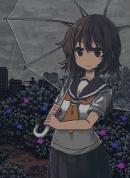 1girl black_skirt brown_hair bush closed_mouth flower grey_eyes ikeda_(kasutera) looking_at_viewer lowres neckerchief original pixel_art rain sailor_collar school_uniform serafuku shirt skirt smile umbrella white_shirt yellow_neckerchief
