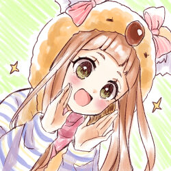 Rule 34 | 1girl, :d, animal ears, animal hood, blush, bow, brown eyes, brown hair, commentary request, fake animal ears, hands up, highres, hood, hood up, ichihara nina, idolmaster, idolmaster cinderella girls, idolmaster cinderella girls starlight stage, koala ears, long hair, open mouth, pink bow, rino cnc, shirt, short eyebrows, smile, solo, sparkle, striped bow, striped clothes, striped shirt, thick eyebrows, upper body