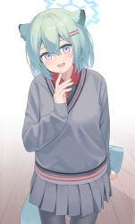 1girl :d parallel_hairclips absurdres alternate_costume animal_ear_fluff animal_ears arm_behind_back black_pantyhose blue_archive blue_halo blush commentary_request cowboy_shot double-parted_bangs eyelashes flask green_hair green_nails grey_skirt grey_sweater hair_between_eyes hair_ornament hairclip halo hand_up happy head_tilt highres holding holding_flask hotarihotaru looking_at_viewer medium_hair miniskirt nail_polish open_mouth pantyhose pink_eyes pleated_skirt shigure_(blue_archive) simple_background skirt sleeves_past_wrists smile solo sparkling_eyes sweater tail teeth upper_teeth_only weasel_ears weasel_girl weasel_tail white_background