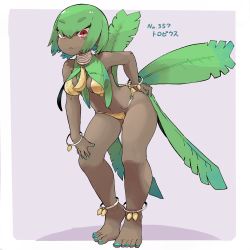 1girl absurdres anklet banana barefoot bikini bracelet dark-skinned_female dark_skin feet female_focus food fruit gen_3_pokemon green_hair hare_(tetterutei) highres jewelry leaning_forward monster_girl neck_ring nintendo personification pokemon red_eyes short_hair solo swimsuit toes tropius