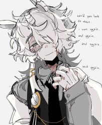1boy black_necktie black_vest closed_mouth collared_shirt cracked_skin grey_shirt hair_over_one_eye highres horse_boy horse_race_tests long_hair long_sleeves looking_at_viewer mangolord necktie personification pocket_watch scar scar_on_hand shirt simple_background smile superstitional_realism unicorn_boy vest watch white_hair