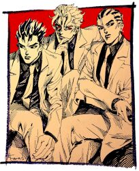 3boys bad_id bad_tumblr_id crossed_arms crossed_legs formal_clothes hair_between_eyes hand_on_own_chin jacket jojo_no_kimyou_na_bouken kawajiri_kosaku kira_yoshikage kotteri looking_to_the_side male_focus multiple_boys necktie pants partially_colored red_background red_eyes short_hair simple_background suit