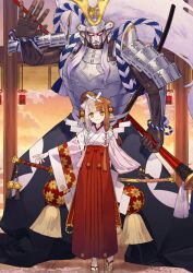 1girl armor asymmetrical_sleeves black_gloves blunt_bangs breasts closed_mouth double_bun fate/grand_order fate_(series) full_body game_cg gloves hair_bun hair_over_shoulder hairband hakama hakama_skirt helmet izumo_no_okuni_(fate) izumo_no_okuni_(second_ascension)_(fate) japanese_armor japanese_clothes kabuto_(helmet) katana kimono long_hair long_skirt long_sleeves looking_at_viewer low-tied_long_hair multicolored_hair noco_(adamas) nontraditional_miko official_art okobo orange_hair outstretched_arms platform_sandals puffy_long_sleeves puffy_sleeves red_hakama robot rope samurai sandals sheath sheathed shide shoulder_armor single_glove skirt smile socks sode split-color_hair standing sword tabi tassel third-party_source two-tone_hair variant_set weapon white_armor white_hair white_hairband white_kimono white_socks wide_sleeves zanzaburou_(fate)