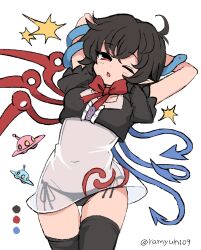 Rule 34 | 1girl, ahoge, arms behind head, arms up, asymmetrical wings, black dress, black hair, black panties, black thighhighs, blue wings, blush, bow, breasts, center frills, cowboy shot, dress, frills, highres, houjuu nue, looking at viewer, navel, one eye closed, open mouth, panties, pointy ears, ramudia (lamyun), red bow, red eyes, red wings, see-through clothes, see-through dress, short hair, short sleeves, side-tie panties, simple background, snake, solo, thighhighs, thighs, touhou, twitter username, ufo, underwear, white background, wings