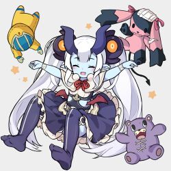 1girl arum_(world_flipper) blue_skin blue_thighhighs closed_eyes colored_skin eyelashes full_body grey_background long_hair low_wings mwm5 open_mouth outstretched_arms pointy_ears simple_background solo spread_arms stuffed_animal stuffed_rabbit stuffed_toy teddy_bear thighhighs twintails very_long_hair white_hair wings world_flipper wrist_cuffs