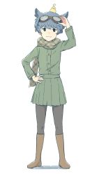 Rule 34 | &gt;:3, 1girl, :3, adjusting goggles, animal, animal on head, bird, bird on head, black eyes, black pantyhose, blue hair, boots, commentary request, fairy (kancolle), full body, goggles, goggles on head, hand on own hip, highres, kantai collection, long sleeves, looking at viewer, on head, pantyhose, pleated skirt, scarf, short hair, skirt, standing, type 0 fighter model 21 fairy, v-shaped eyebrows, wachi (hati1186)