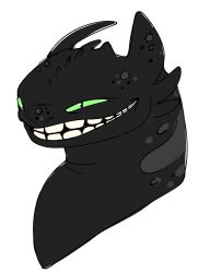 animal commentary dragon green_eyes grin highres how_to_train_your_dragon_(series) looking_to_the_side simple_background slit_pupils smile teeth toothless toothlesstism upper_body white_background
