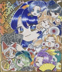 Rule 34 | 6+girls, :3, @ @, animal ear fluff, animal ears, arm ribbon, armor, bell, belt, black hair, black shirt, blonde hair, blue dress, blue eyes, blue hair, blue headwear, buttons, camouflage, camouflage dress, camouflage headwear, capelet, card, cat girl, cat tail, closed eyes, collar, collared capelet, collared dress, curly hair, dress, fox ears, fox girl, fox tail, frilled collar, frilled sleeves, frills, gem, goutokuji mike, green collar, green dress, green eyes, green gemstone, green hair, green headwear, hair ribbon, hairband, hand fan, hands on own face, hat, highres, himemushi momoyo, holding, holding card, holding fan, holding smoking pipe, iizunamaru megumu, japanese clothes, jewelry, kimono, komakusa sannyo, kudamaki tsukasa, long hair, medium hair, messy hair, multicolored dress, multicolored hair, multicolored hairband, multiple girls, neck bell, one eye covered, open mouth, orange eyes, orange fur, orange hair, orange ribbon, patchwork clothes, pointy ears, ponytail, puffy short sleeves, puffy sleeves, purple hair, red eyes, red kimono, red shirt, ribbon, romper, sharp teeth, shirt, short sleeves, shorts, shoulder armor, shoulder guard, slit pupils, smile, smoke, smoking, smoking pipe, symbol-shaped pupils, tail, tamatsukuri misumaru, teeth, tengu, tenkyuu chimata, tokin hat, touhou, traditional media, turtleneck, umebitan, unconnected marketeers, very long hair, white belt, white capelet, white fur, white hair, white romper, white shirt, white shorts, wide sleeves, yamashiro takane, yellow fur, yellow pupils, yellow ribbon, yin yang, zipper, zipper dress